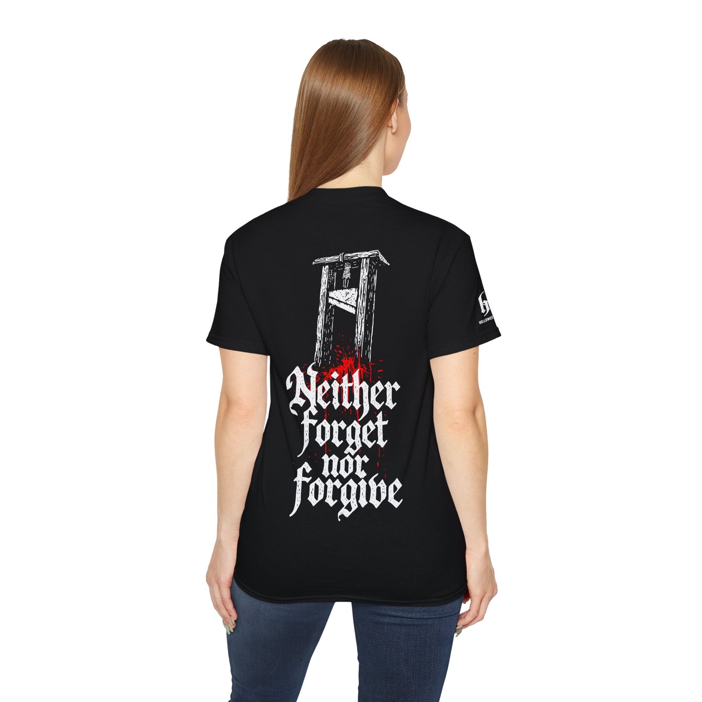 Guillotine & Calligraphie Gothique : "Neither Forget Nor Forgive" - T-shirt unisexe