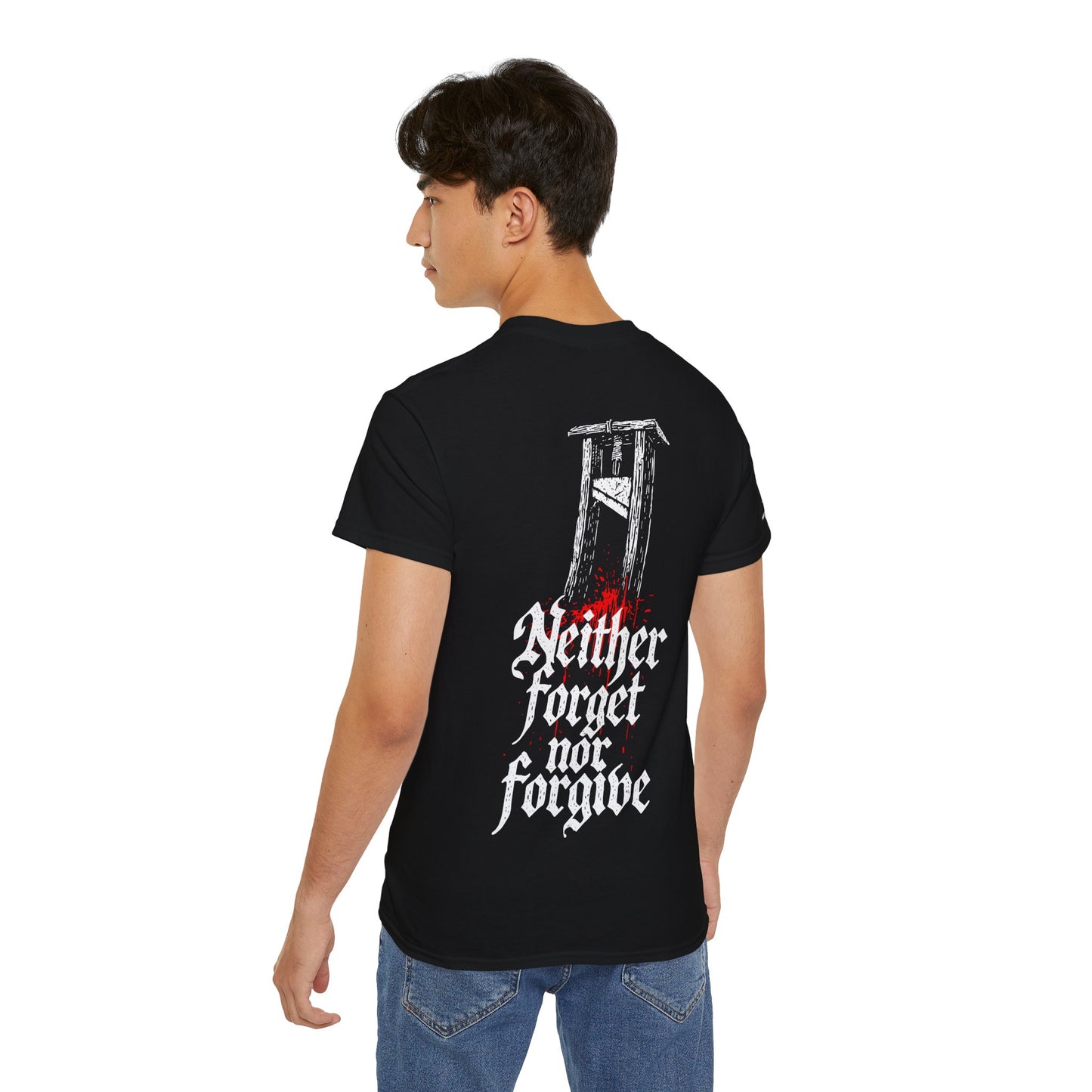 Guillotine & Calligraphie Gothique : "Neither Forget Nor Forgive" - T-shirt unisexe
