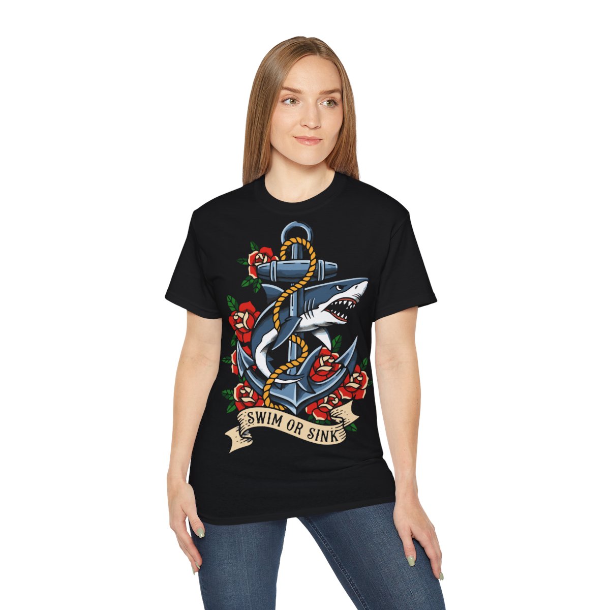 Swim or Sink Anchor and Shark Tattoo Flash - Unisex T-shirt