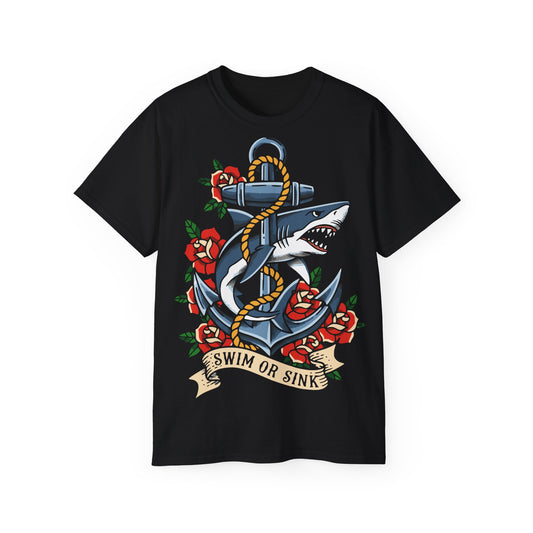 Swim or Sink Anchor and Shark Tattoo Flash - Unisex T-shirt