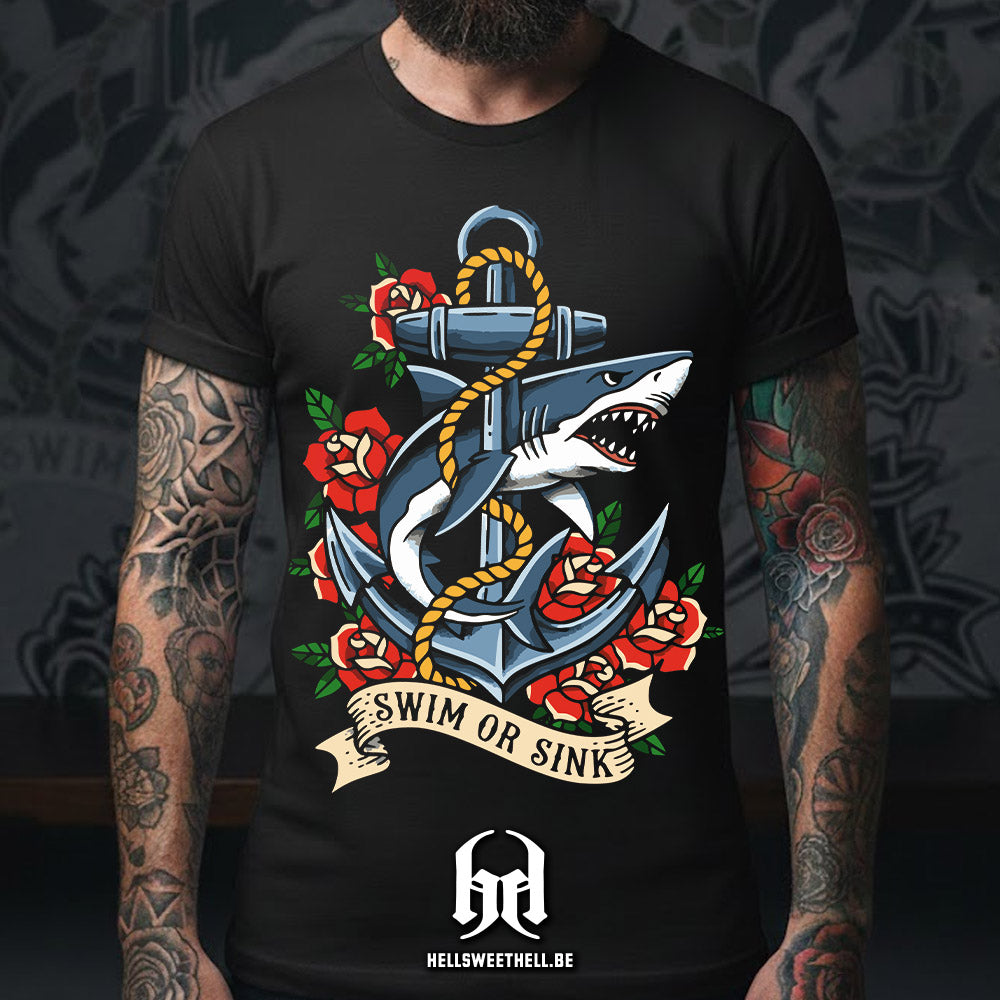 Swim or Sink Anchor and Shark Tattoo Flash - Unisex T-shirt